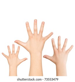 Three hands calling for help on white background, with clipping path