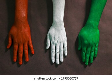 Three Hands Are Painted With Three Colors,saffron,white And Green To Represent Tricolor Indian National Flag.15 August Independence Day India.celebration Of Freedom.symbol Of Brotherhood.   