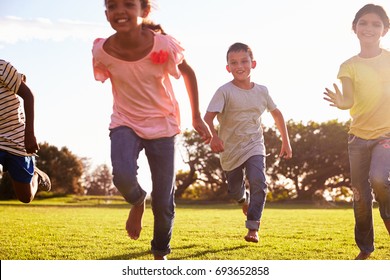 Three Happy Children Running Barefoot Field Stock Photo 693652858 ...