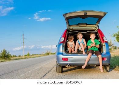 Three Happy Kids In Car, Family Trip, Summer Vacation Travel