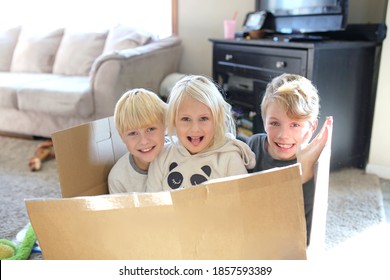 Three Happy Little Children Are Playing Inside A Large Cardboard Box In Their Messy Living Room Of Their House.