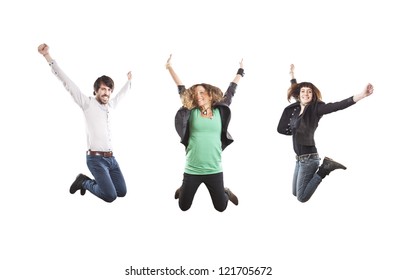 Three Happy Young People Jumping