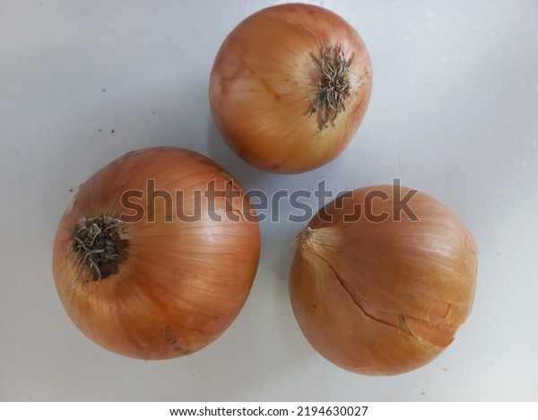 three\
heads of onions on a white background. onion\
family
