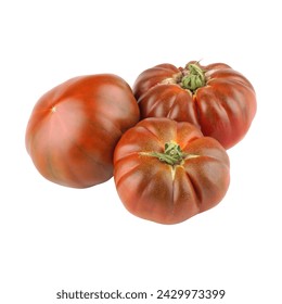 Three heirloom chocolate tomatoes with a unique brownish-red color, featuring deep ridges and a slightly flattened shape, isolated on a white background. - Powered by Shutterstock