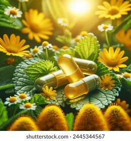 Three herbal supplement capsules yellow tone on very fresh bright colorfull spring green melissa leaves background and small yellow flowers of st. john's wort, chamomile flower, small bouquet of lemon balm leaf, a lot of melissa leaves, capsules with