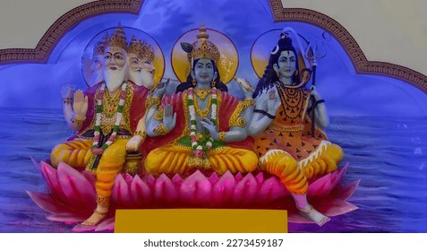 three hindu gods brahma vishnu mahesh in indian temple wall art statue