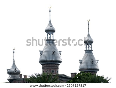 Three historical towers with crescent moons on top