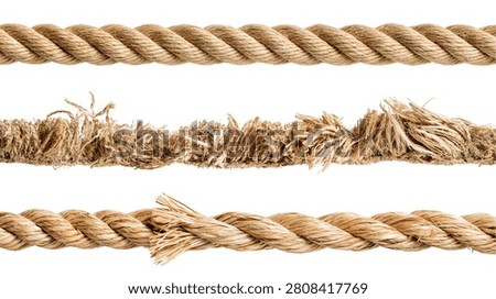 Three horizontal segments of brown twisted natural fiber rope with frayed ends