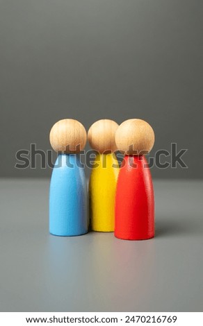 Three human figures. Communication and talking. Friendly relations. People representing different groups, communities and cultures. Friendship and relationships. Mediation.