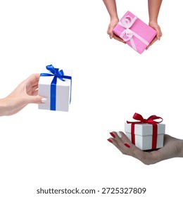Three human hands holding small colorful gift boxes with vibrant ribbons and bows for holidays or birthday celebrations captured from a top angle in a high resolution studio on white background
