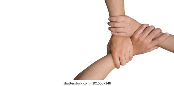Three human join hands together isolated on white background, collaboration of business and education teamwork concept - Shutterstock ID 1015587148