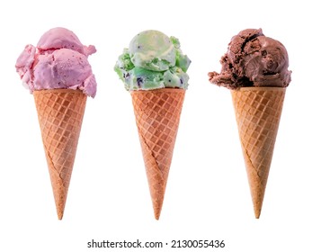 Three Ice Cream cones, Chocolate, Strawberry and Mint Chocolate chip in a row on a white background with copy space. - Powered by Shutterstock