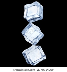 Three ice cubes stacked vertically, isolated on black background