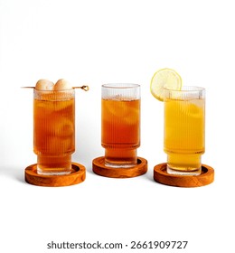 Three iced tea variations served in clear ribbed glasses with wooden coasters: lychee tea with fruit garnish, classic iced tea, and lemon tea with citrus slice on white background