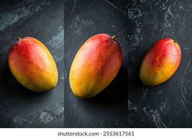 Three images of a ripe mango on a black surface. The first image shows the mango in its full size, the second image shows the mango cut in half, and the third image shows the mango cut in quarters - Powered by Shutterstock