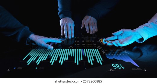 Three individuals in formal attire engaging with advanced touch screen displaying digital bar charts, analytics, and data points in blue glow against dark background. Concept of business, engineering - Powered by Shutterstock - Get 15% off with code: PIKWIZARD15