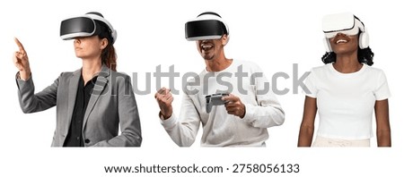 Three individuals using VR headsets: a person in a suit gesturing, another with a controller cheering, and a third smiling in a white shirt.