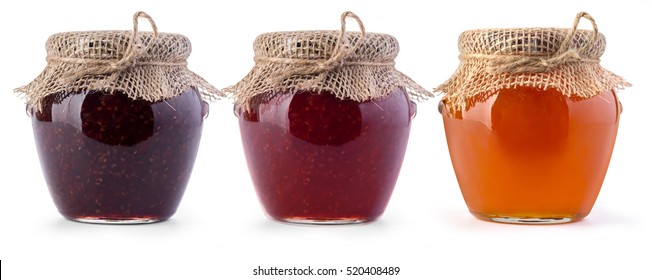 Three jar of jam and honey on white background - Shutterstock ID 520408489