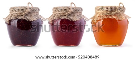 Three jar of jam and honey on white background