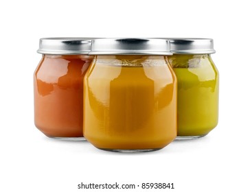 Three Jars Of Baby Food On White Background