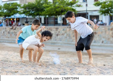 Three Kids Running Away Of A Firecracker