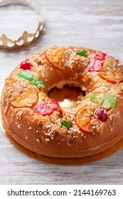 Three Kings Day Cake Or Bread On Rustic Background, Top View