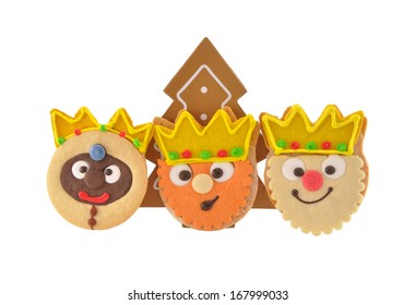 Three Kings Day (National Holiday In Spain Celebrated January 5) Butter Cookies Brown Christmas Tree Isolated On White Background.