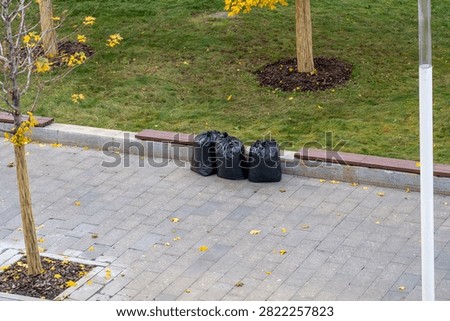 Three large black plastic garbage bags sitting on paved park walkway near benches and trees during quiet autumn day with fallen yellow leaves scattered on ground