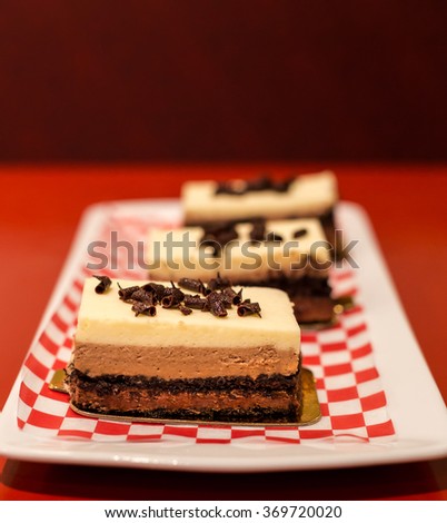Three layer chocolate mousse cake.