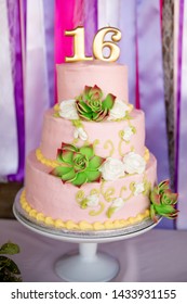 Three Layer Sweet Sixteen Cake, Pink, White With Succulent Detail.