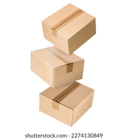 three levitating closed cardboard boxes on isolated white background