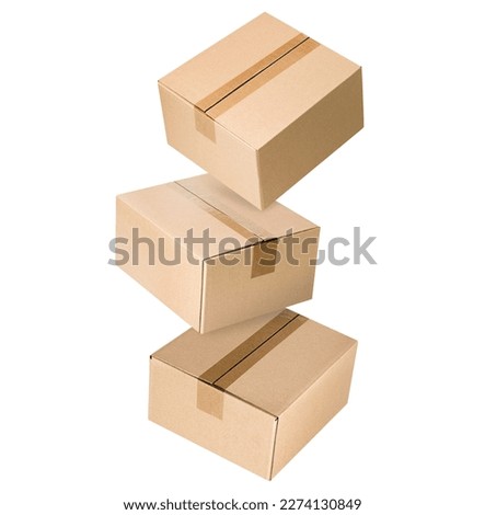 three levitating closed cardboard boxes on isolated white background