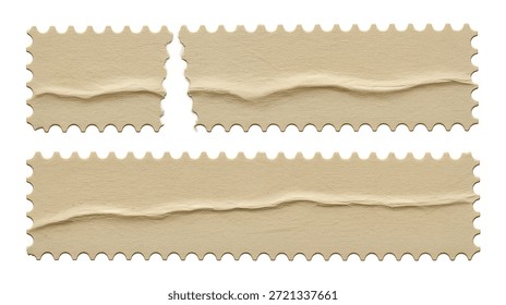 Three light beige, rectangular paper pieces with perforated edges, resembling blank postage stamps or labels, each featuring a horizontal crease or tear, isolated on a white background.