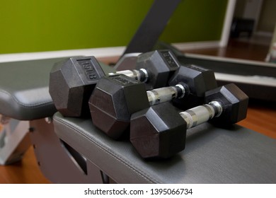 Three Light Weight Dumbells On A Bench 