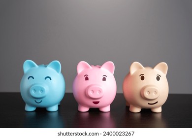 Three lucky piggy banks. Savings and deposit banking. Healthy economy. Diversification of investments and savings. Banking. Good conditions from the bank.