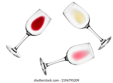 Three Lying Down Glasses With Some Of Red, White And Rose Wine, Top View