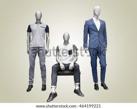 Three male mannequins dressed in casual clothes over yellow background. No brand names or copyright objects.