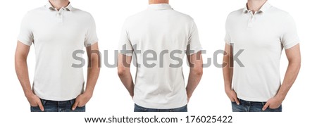 three man in white polo t-shirt on a white background