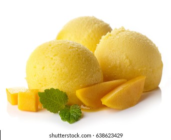 Three Mango Ice Cream Sorbet Balls Isolated On White Background