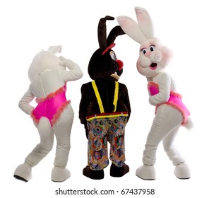 Three Mascot Bunny Costume - Playful Scene