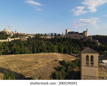 Three masterpieces in a shot. The alcazar, gothic cathedral and Vera Cruz templars church. Segovia, human heritage. - Shutterstock ID 2005190591
