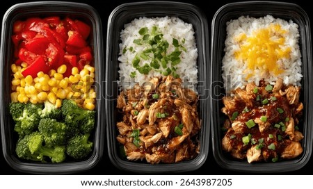 Three meal prep containers display vibrant vegetables rice and seasoned chicken for nutritious meals.