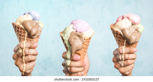 Three Melting Ice Cream Cones