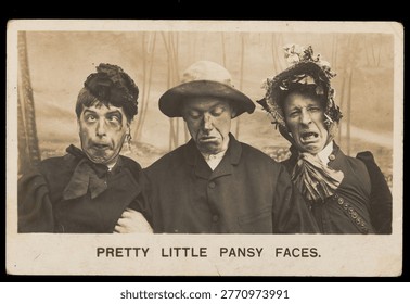 Three men in drag pulling silly expressions Photographic postcard, 1906. People in vintage photograph.