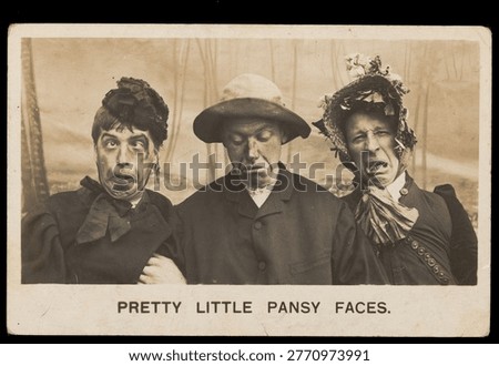 Three men in drag pulling silly expressions Photographic postcard, 1906. People in vintage photograph.