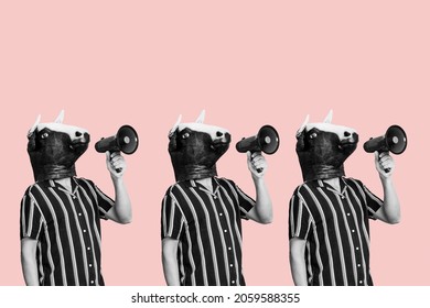 three men wearing cow masks speaking into megaphones, in black and white, against a pink background