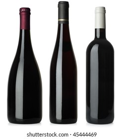 Three Merged Photographs Of Different Shape Red Wine Bottles.  Separate Clipping Paths For Each Bottle Included.