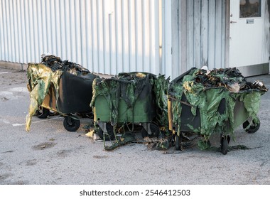 Three messy trash bins sit outside a building, overflowing with food scraps and waste, highlighting the neglect of proper waste disposal practices in the area - Powered by Shutterstock