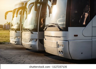three metallic buses staying in the parking at the sunset
