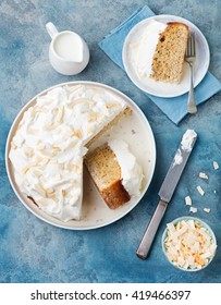 Three Milk Cake, Tres Leches Cake With Coconut. Traditional Dessert Of Latin America Top View Copy Space